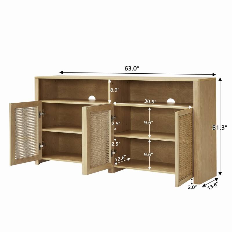 Mid Century Modern 63" Wide 4 - Cane Rattan Door Storage Sideboard with Open Shelf, Wine Bar Credenza for Living Room Entryway