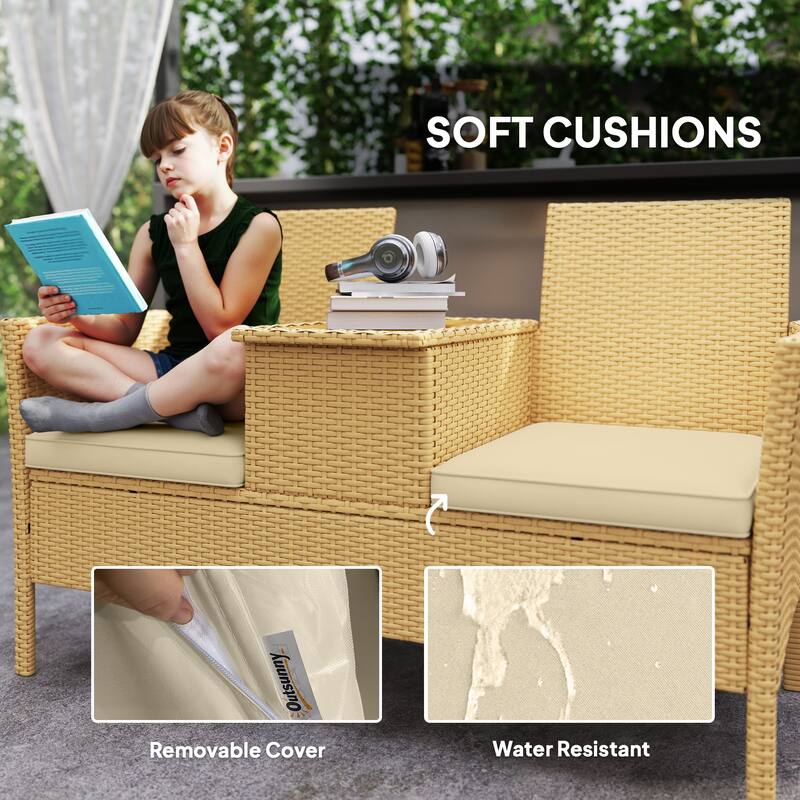 Khaki PE Rattan Steel Patio Loveseat with Cushions and Storage Table - 52.8" W x 22.8" D x 32.3" H