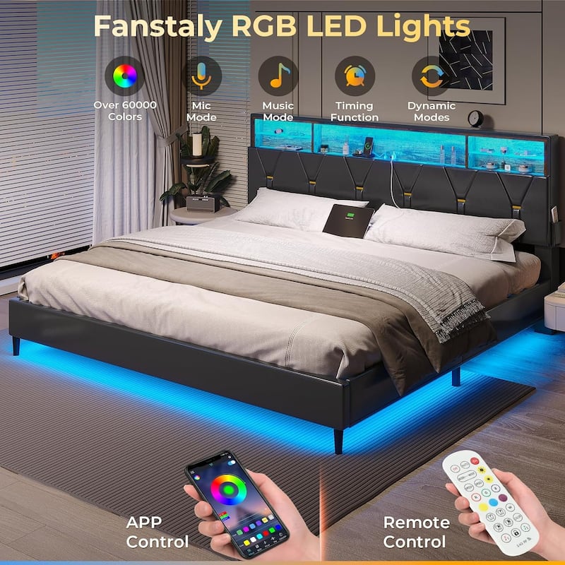 Bed Frame Storage Headboard RGB LED Lights Upholstered Platform