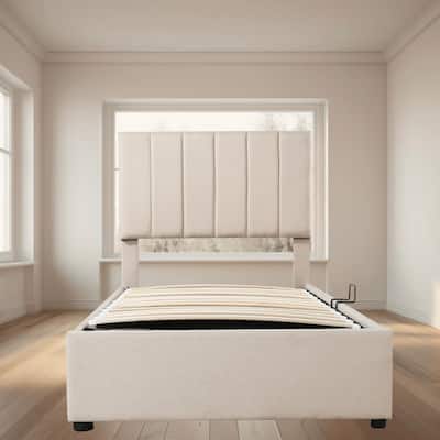 Sleek Twin Size Upholstered Platform Bed Frame with Hydraulic Storage, Vertical Stripe Headboard, Bedroom Furniture