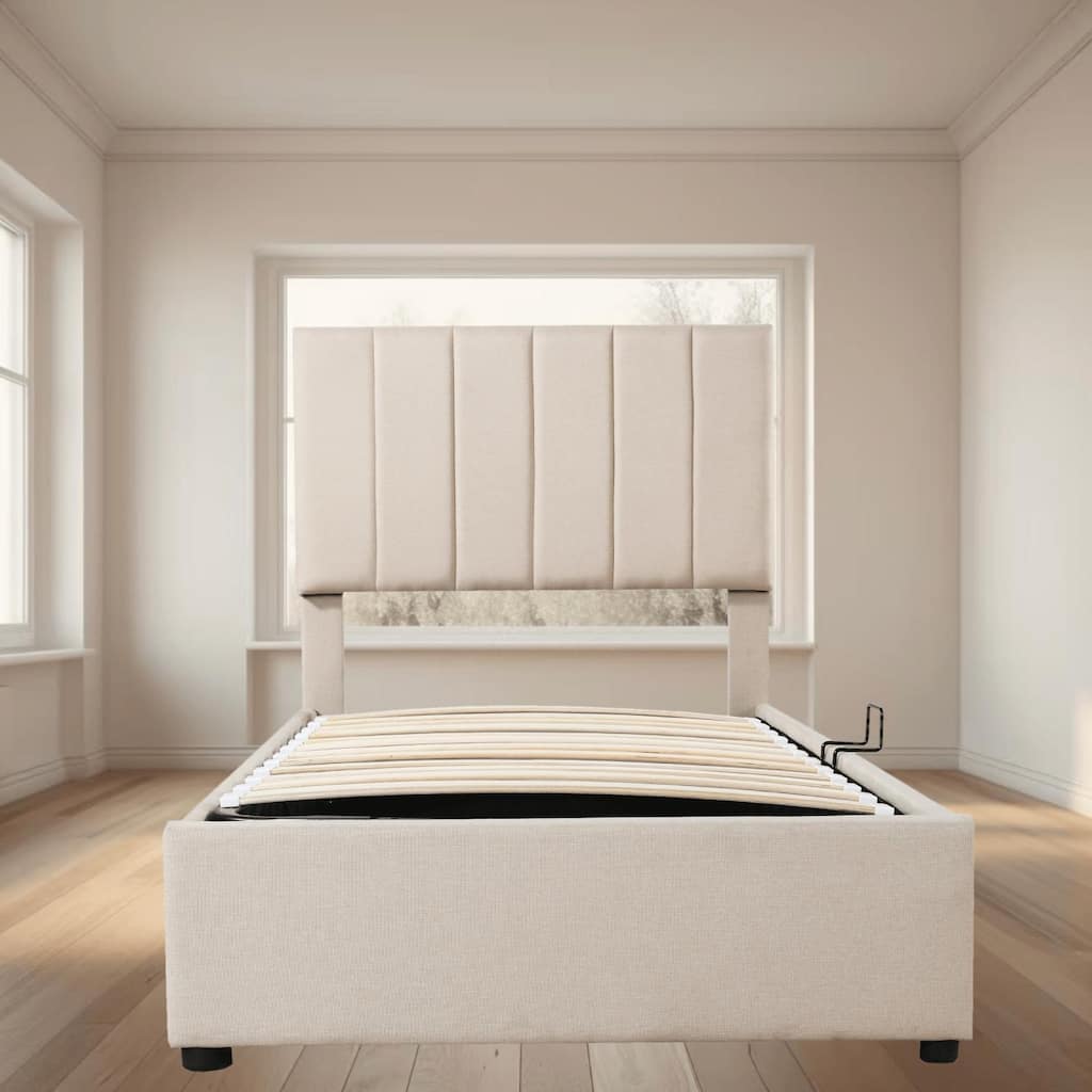 Sleek Twin Size Upholstered Platform Bed Frame with Hydraulic Storage, Vertical Stripe Headboard, Bedroom Furniture