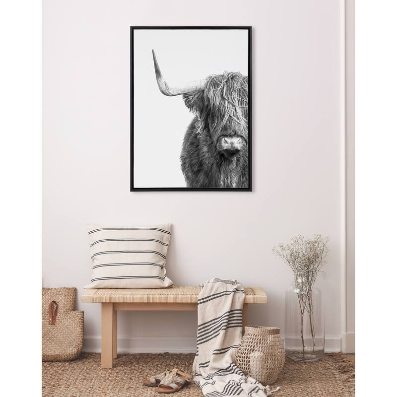 Kate and Laurel Sylvie BW Highland Cow 1 Framed Canvas by Amy Peterson