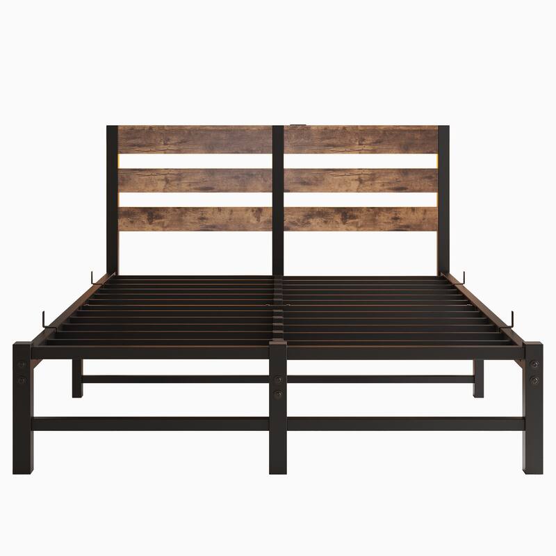 Full Size Bed Frame with RGB, Charging Station, Wood Storage Headboard, Metal Platform Bed with Heavy Duty Slats Support