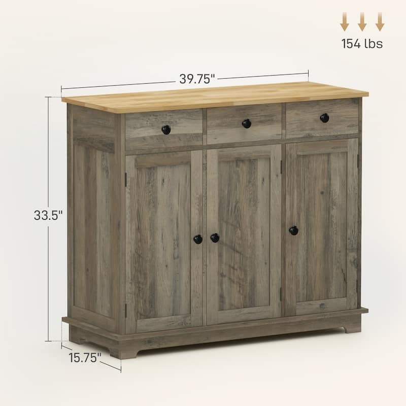 Sideboard with Solid Wood Countertop, Modern Kitchen Storage Cabinet, Coffee Bar Cabinet with 3 Drawers