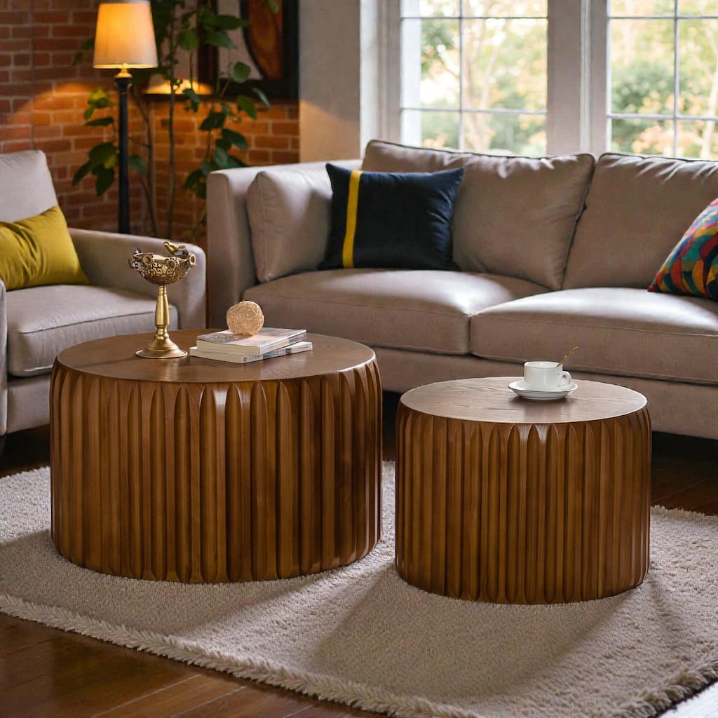 Set of 2 Fluted Round Coffee Tables, Mid-Century Modern Nesting Wood Center Tables, Solid Wood and MDF