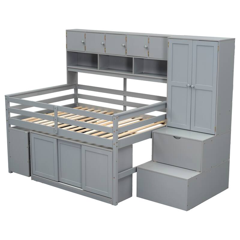 Gray Full Size Wooden Loft Bed with Integrated Wardrobe, Under-bed Desk, Drawers, with Shelves