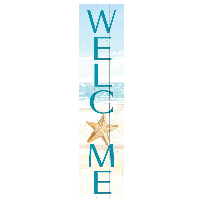 HomeRoots 11" X 47" Blue and White Coastal Welcome Solid Wood Wall Decor