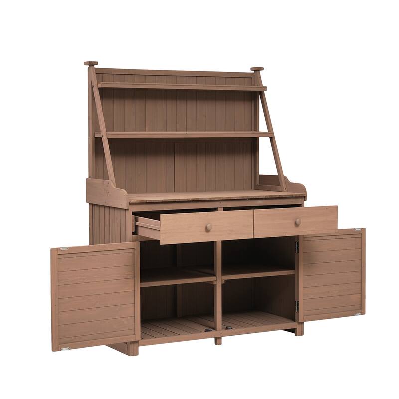 Garden Potting Bench Table, Fir Wood Workstation with Storage Shelf, Drawer and Cabinet