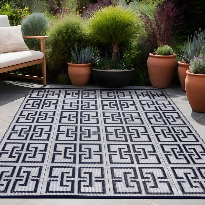 Beverly Rug Geometric Greek Key Outdoor Rug Waterproof for Patio, RV Camping