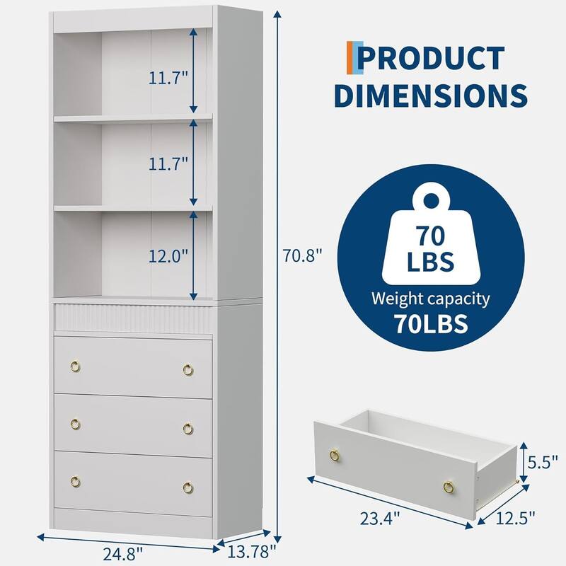 6 Tier Fluted Bookshelf Storage Drawers Bookcase for Living Room, Office, Bedroom