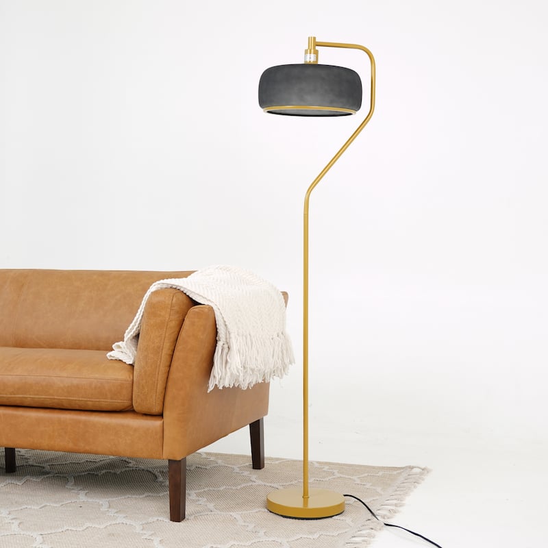 Tute Modern Floor Lamp with Curved Gold Base and Black Drum Shade