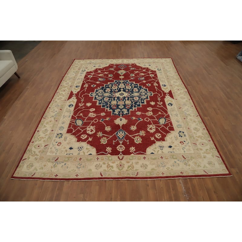 Hand Knotted Oriental 100% Wool Carpet Transitional Medallion Red Oushak Area Rug - 11' 10'' X 8' 11''