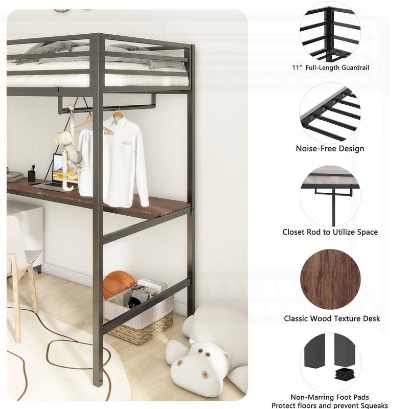 Versatile Twin Loft Bed with Integrated Desk and Safety Features for All Ages