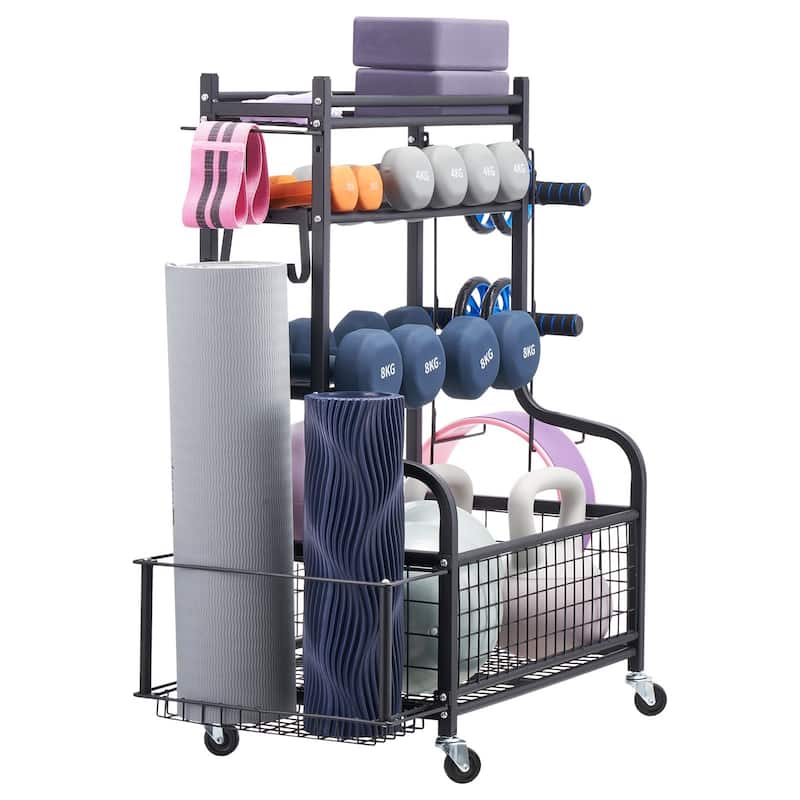 Black Steel Gym Rack with Wheels, Hooks and 4-Tier Storage Shelf - 40.6” L x 16” W x 38” H