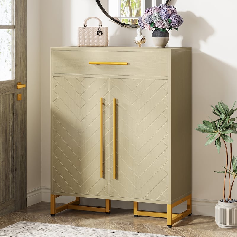 Modern Shoe Cabinet with a Drawer and 5 Adjustable Shelves - White Oak