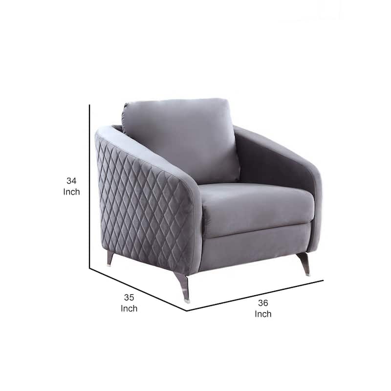 Hida 36 Inch Modern Accent Armchair, Crisp Diamond Stitching, Gray Velvet