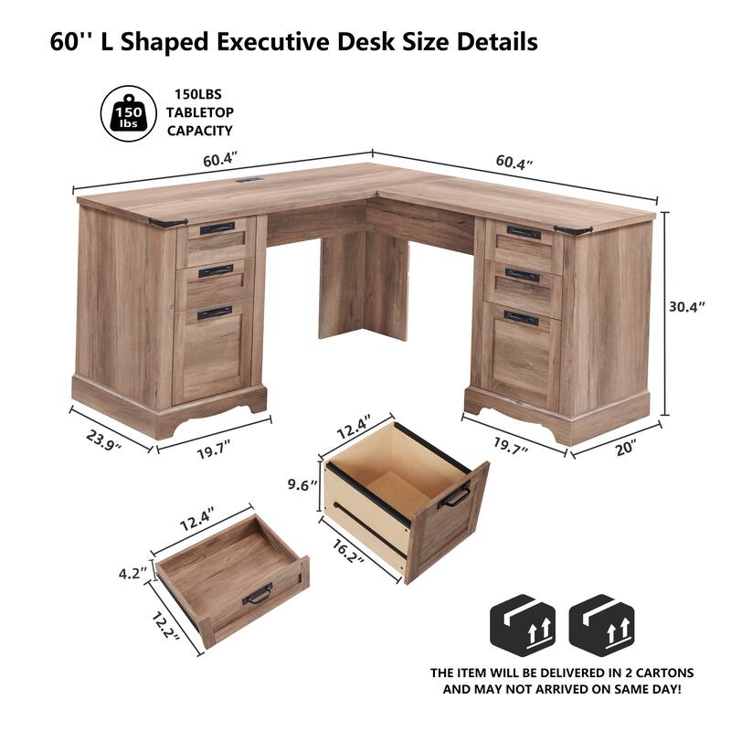 L Shaped Desk Set of 2, Wood Office Desk with Charging Station
