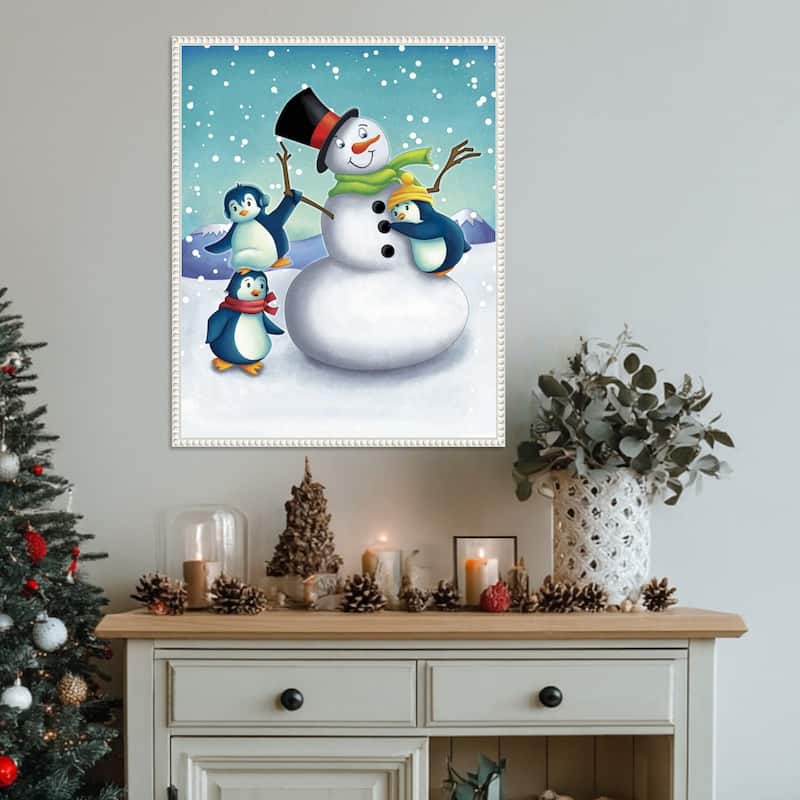 Joyful Snowman by Josefina (23 x 28 in.), Framed Canvas Wall Art Print - Sylvie Beaded White