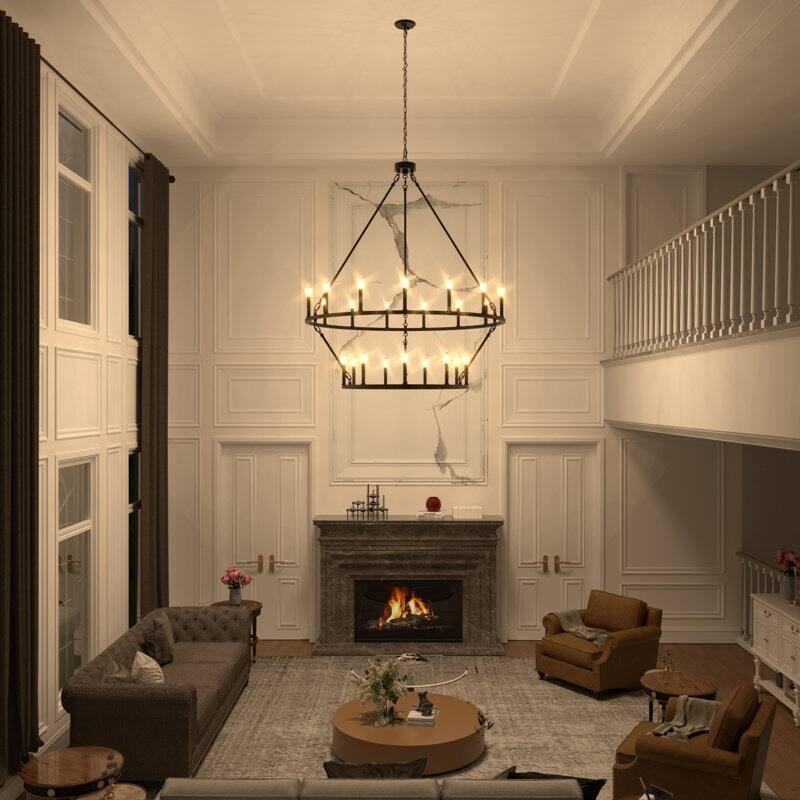 Acroma 2-Tier 24-Light Farmhouse Round High Ceiling Light Wagon Wheel Chandelier