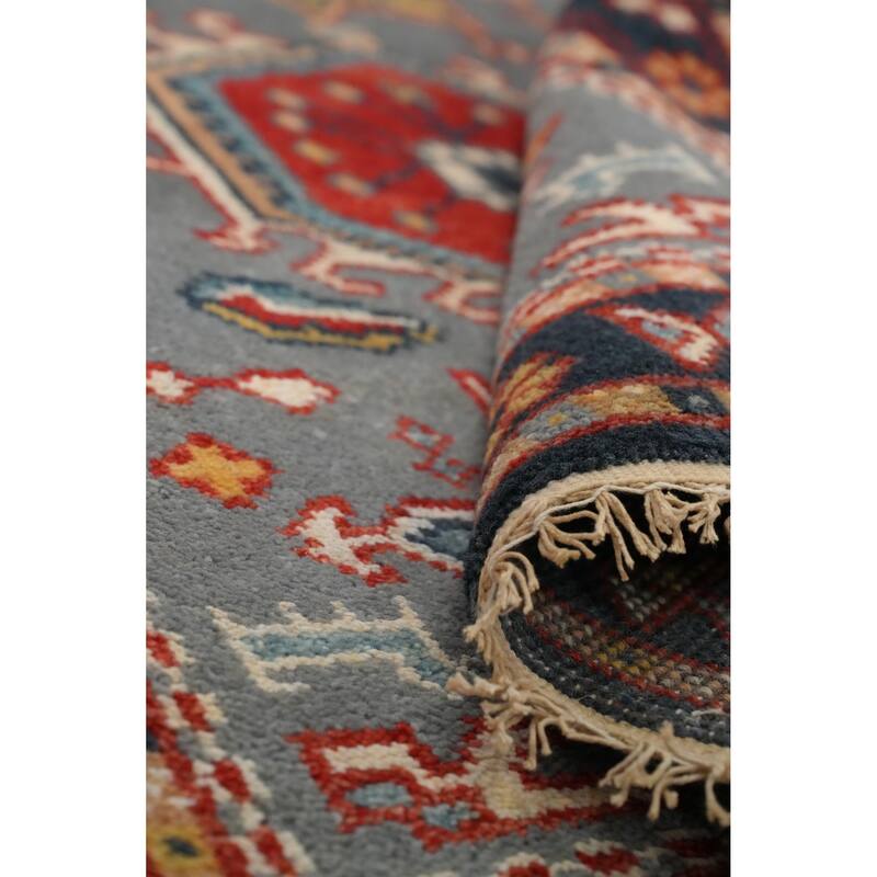 Hand Knotted Oriental 100% Wool Carpet Traditional Geometric Navy Blue & Blues Kazak Area Rug - 5' 1'' X 2' 11''