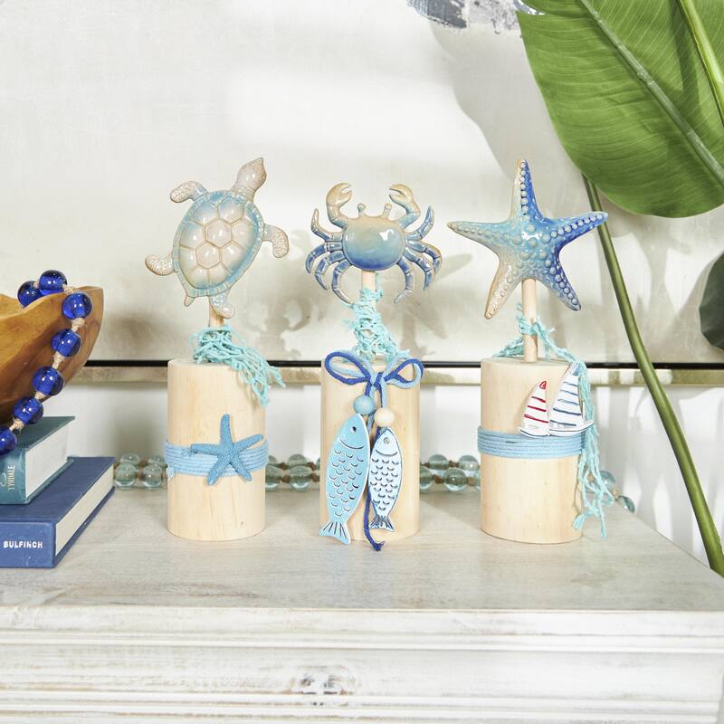 Ceramic Sea Life Handmade Ombre Decorative Sculpture with Cylinder Block Bases - Set of 3 Blue - Roche River Decor