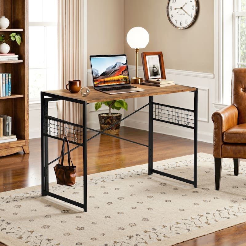 Homylin Folding Writing Desk with Metal Frame, Space-Saving Computer Table, No Assembly Required - Brown