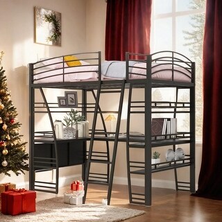Stylish Full Size Loft Bed with 4 Layers of Shelves, L-shaped Desk, a set of Sockets, USB Ports and and Wireless Charging, Black
