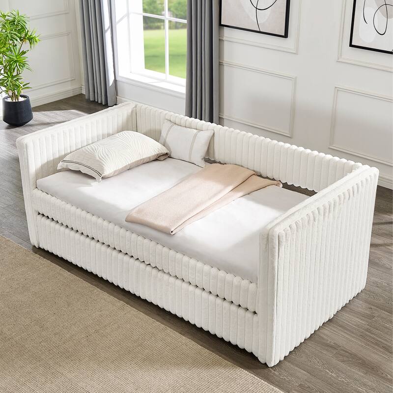 Twin Size Upholstered Velvet Sofa Bed Extendable Daybed Frame with Trundle