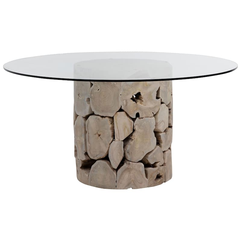 Scarlett 60-inch Round Bleached Teak Root Pedestal Base Glass Top Dining Table