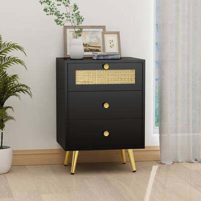 Anmytek 3-Drawer Wooden Bedroom Nightstand Black Rattan Nightstands Side Table End Table