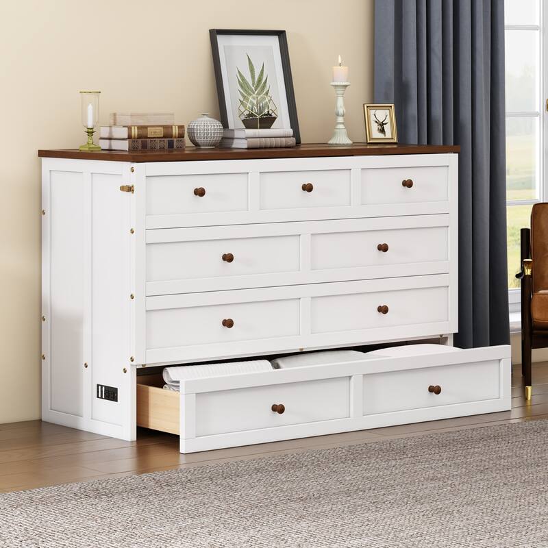 Solid Pine Murphy Bed Chest with Charging Station and Large Storage Drawer for Home Office or Small Room , Queen, White+Walnut - White+Walnut