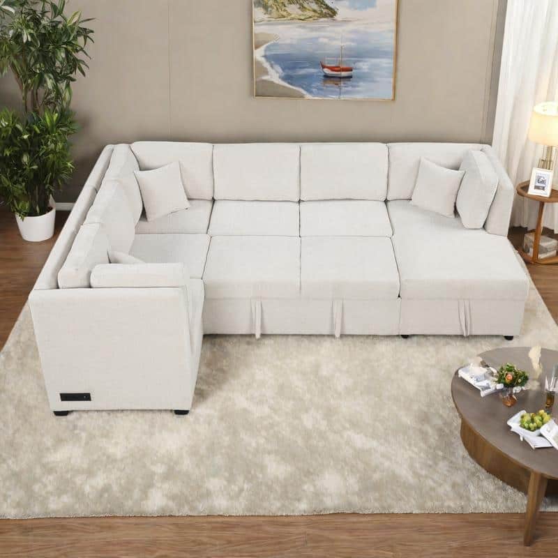 108.6" Chenille U-Shaped Sectional Sofa Bed with USB Ports, Storage Chaise, and 3 Back Pillows