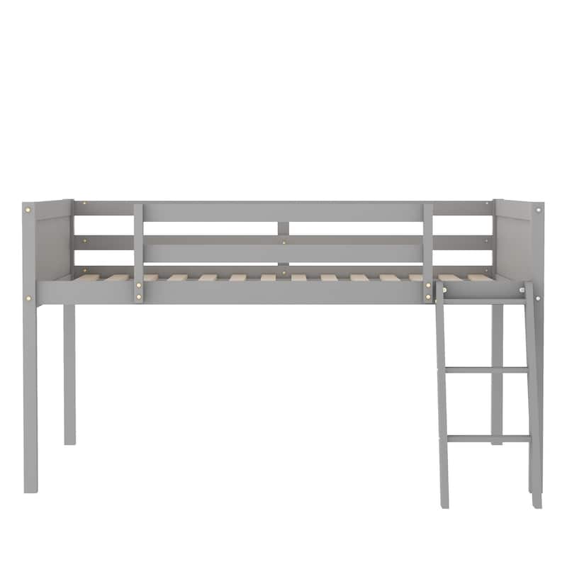 Full Size Wood Low Loft Bed with Convertible Ladder, Gray