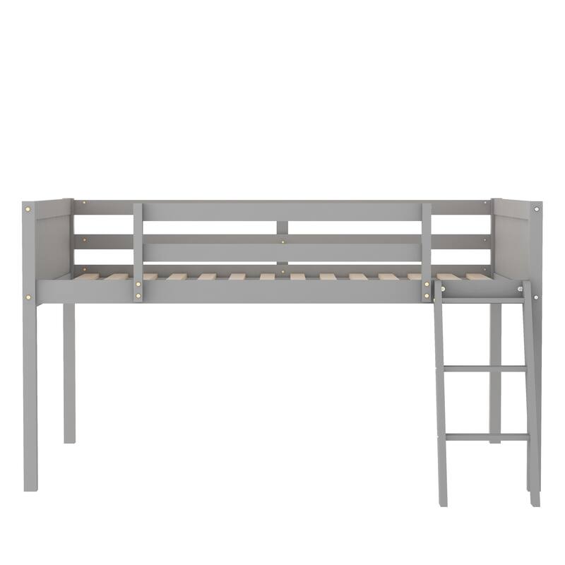 Twin/Full Low Loft Bed with Adjustable Ladder, Pine Wood and MDF Construction, Space-Saving Design