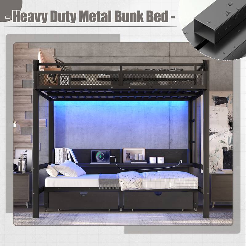 Full over Full Bunk Bed with Storage Shelves and Drawers,Multifunctional Metal Bunk Beds with USB Ports and LED Lights