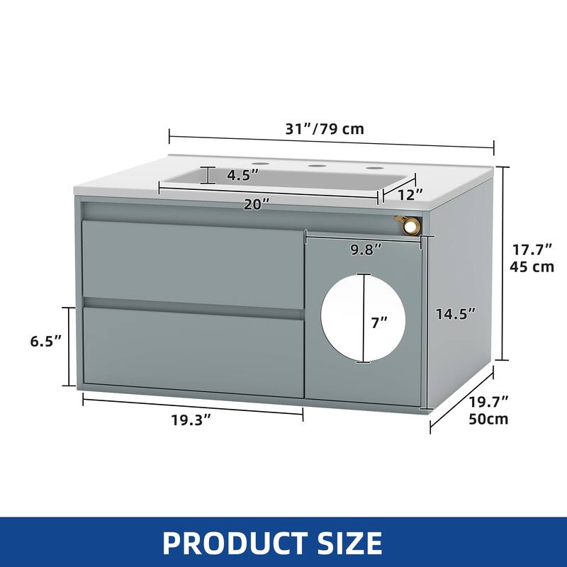 Moasis 31 Inch Gray Bathroom Vanity with Motion Sensor Light and Ample Storage