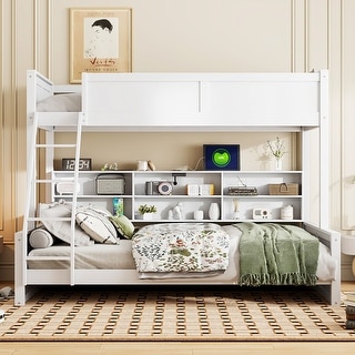 Wooden Bunk Bed with Charging Station & Storage Cabinets