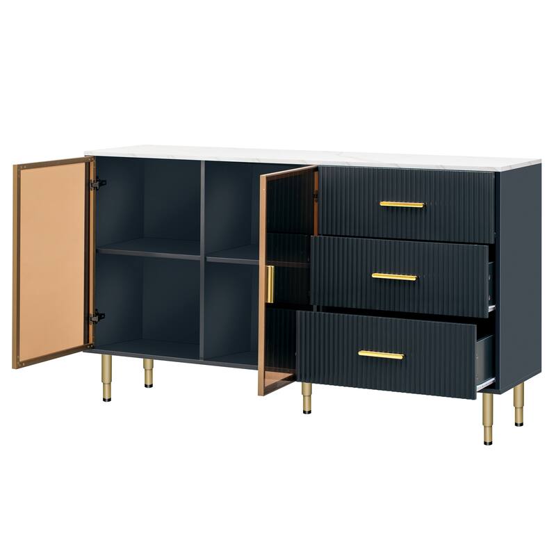 Anmytek Navy Blue Modern Sideboard Buffet Cabinet with Marble Tabletop, Amber Glass Doors and Gold Legs for Living Room