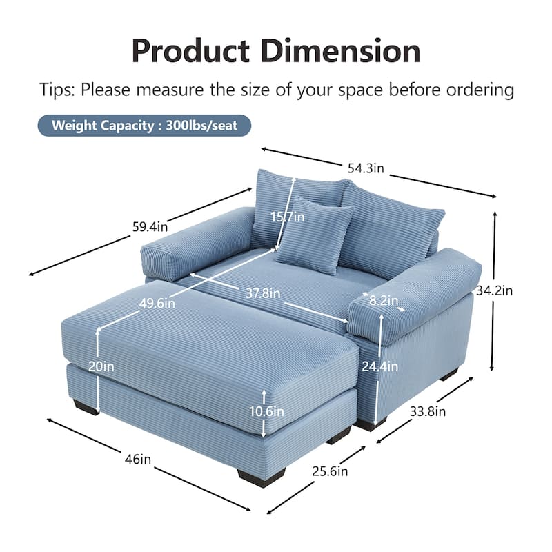 Roomfitters 54.3" Oversized Cloud Modular Sofa & Ottoman, Corduroy Deep Seat Couch with Thick Armrests