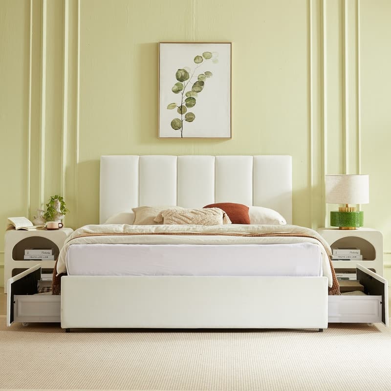 Plywood Frame Platform Bed with Storage Drawers - White - Full