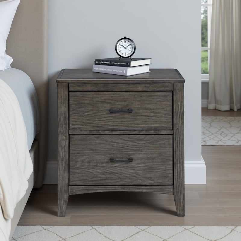 Illian Nightstand, 2 Drawers, Bar Handles, Gray Brown Solid Hardwood