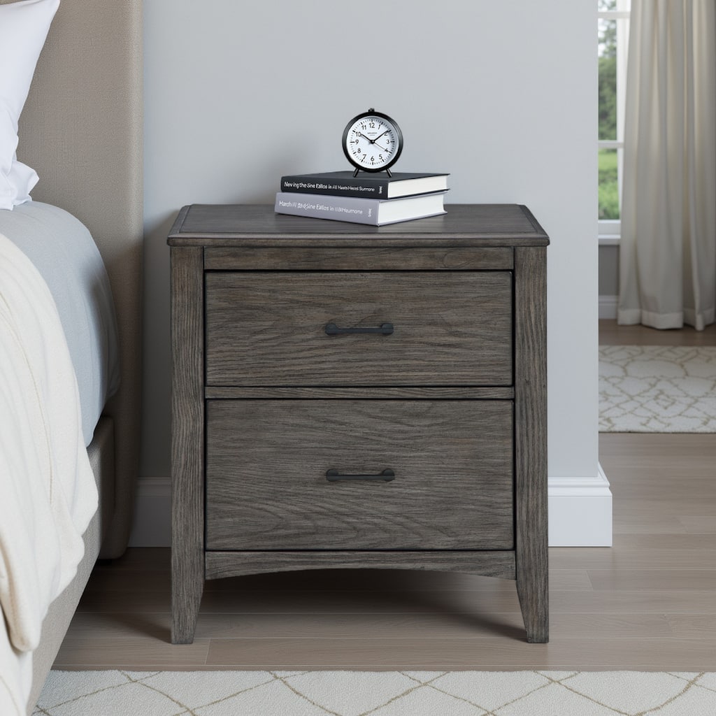 Illian Nightstand, 2 Drawers, Bar Handles, Gray Brown Solid Hardwood