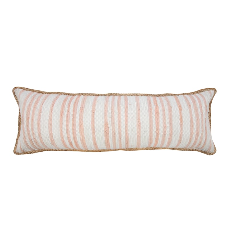 Sevita Coral Pink and White Striped Jute Bordered Throw Pillow