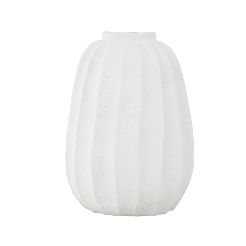 White Magnesium Oxide Wide Decorative Vase with Carved Grooves