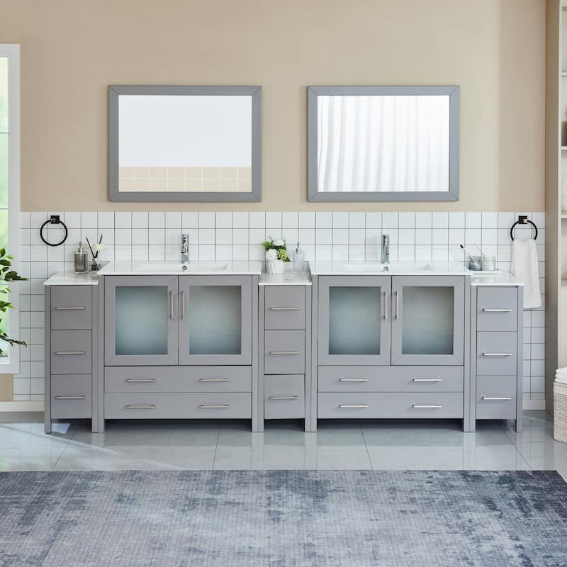 Vanity Art 108" Double Sink Bathroom Vanity Set 13 Dove-Tailed Drawers 3 Cabinets 2 Shelves Soft-Closing Doors with Free Mirror - Grey
