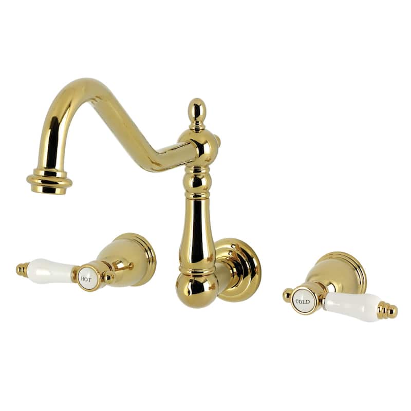 Kingston Brass Essex Double-Handle Wall-Mount Pre-Rinse Bridge Kitchen Faucet - Polished Brass
