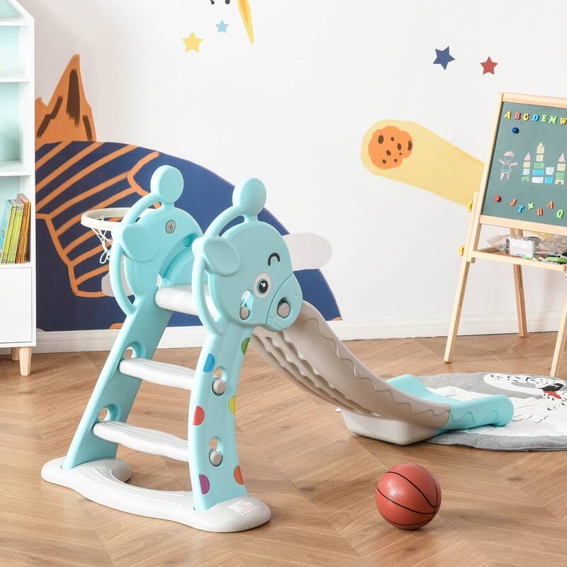 Qaba 2 in 1 Kids Slide w/ Basketball Hoop for 18 months to 4 Years, Blue & Gray - 55" x 34.25" x 29.5"