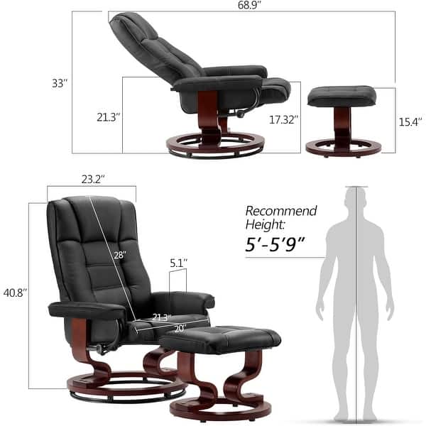 dimension image slide 2 of 5, MCombo Set of 2 Swivel Recliner Chair with Wood Base and Ottoman