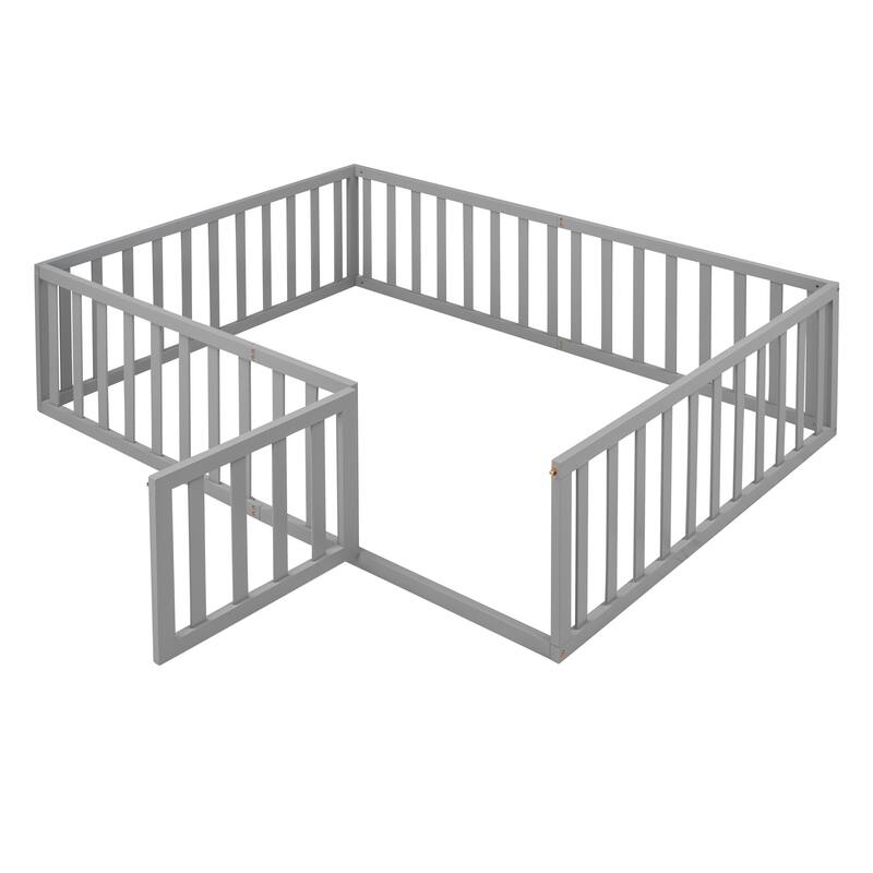 Gray Solid Pine Wood Floor Bed with Fence and Door, Full Size, Safe and Fun Sleeping and Play Space