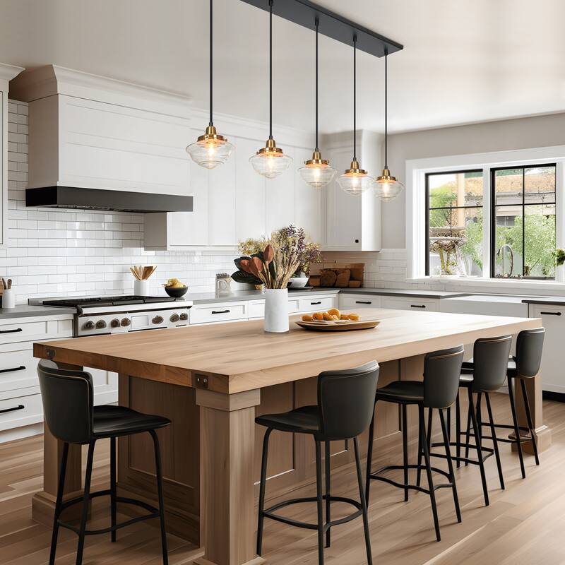 Modern 5-Light Black Gold Linear Chandeliers Kitchen Island Lights for Dining Room with Seeded Glass - 44'' L x 6.5'' W x 8'' H